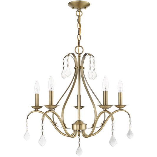Antiqued Brass Five Light Metal Dimmable Chandelier With Shades HomeRoots