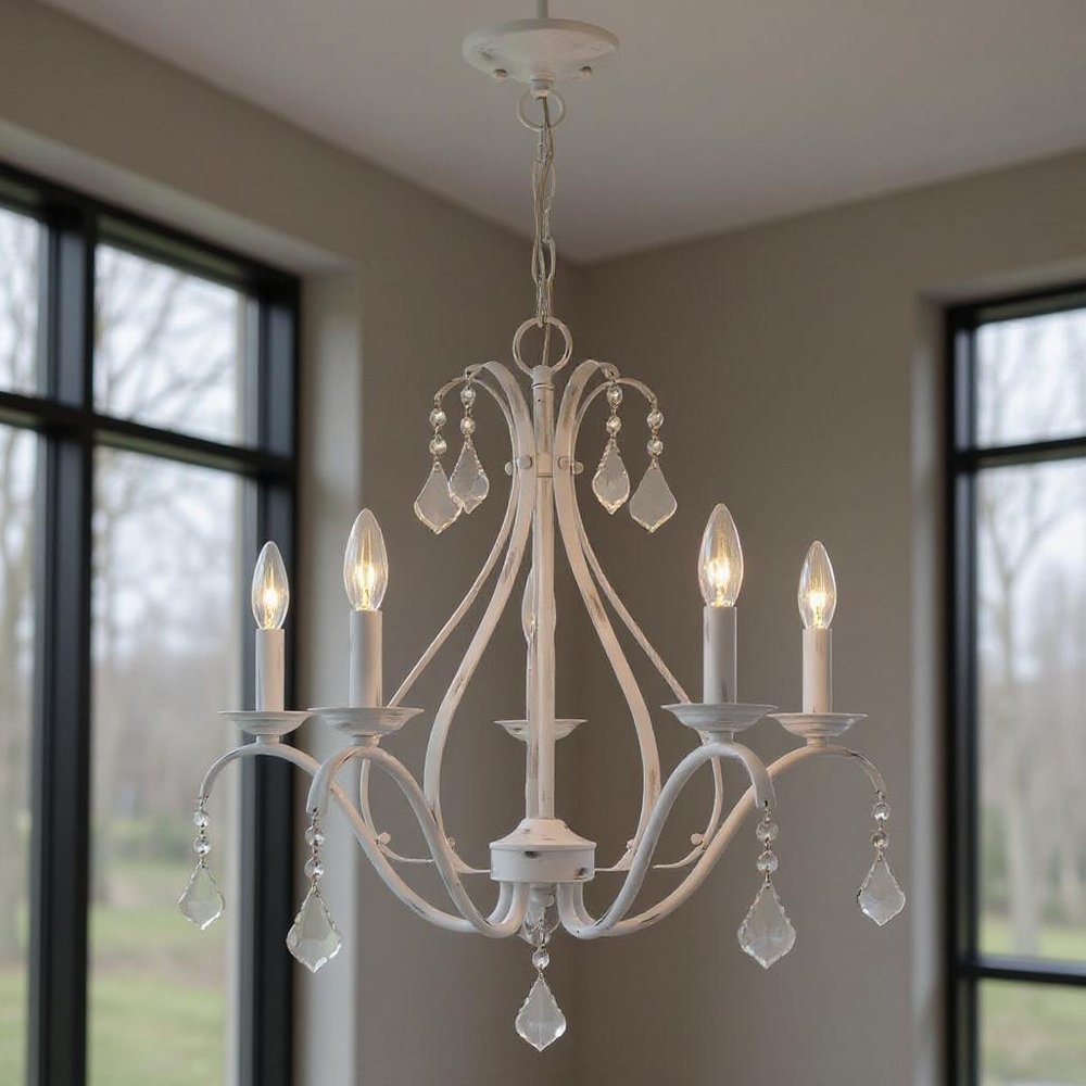 White Five Light Metal Dimmable Chandelier With Shades HomeRoots