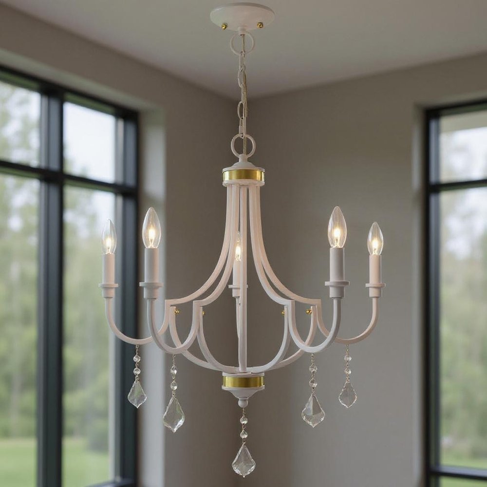 White Five Light Metal Dimmable Chandelier With Shades HomeRoots