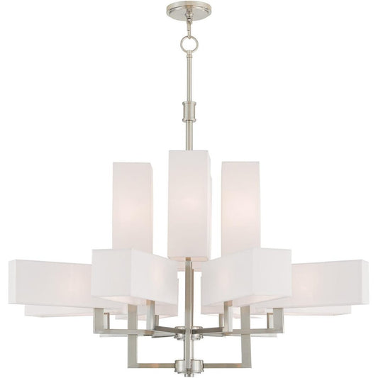 Nickel Twelve Light Metal Dimmable Chandelier With Shades HomeRoots