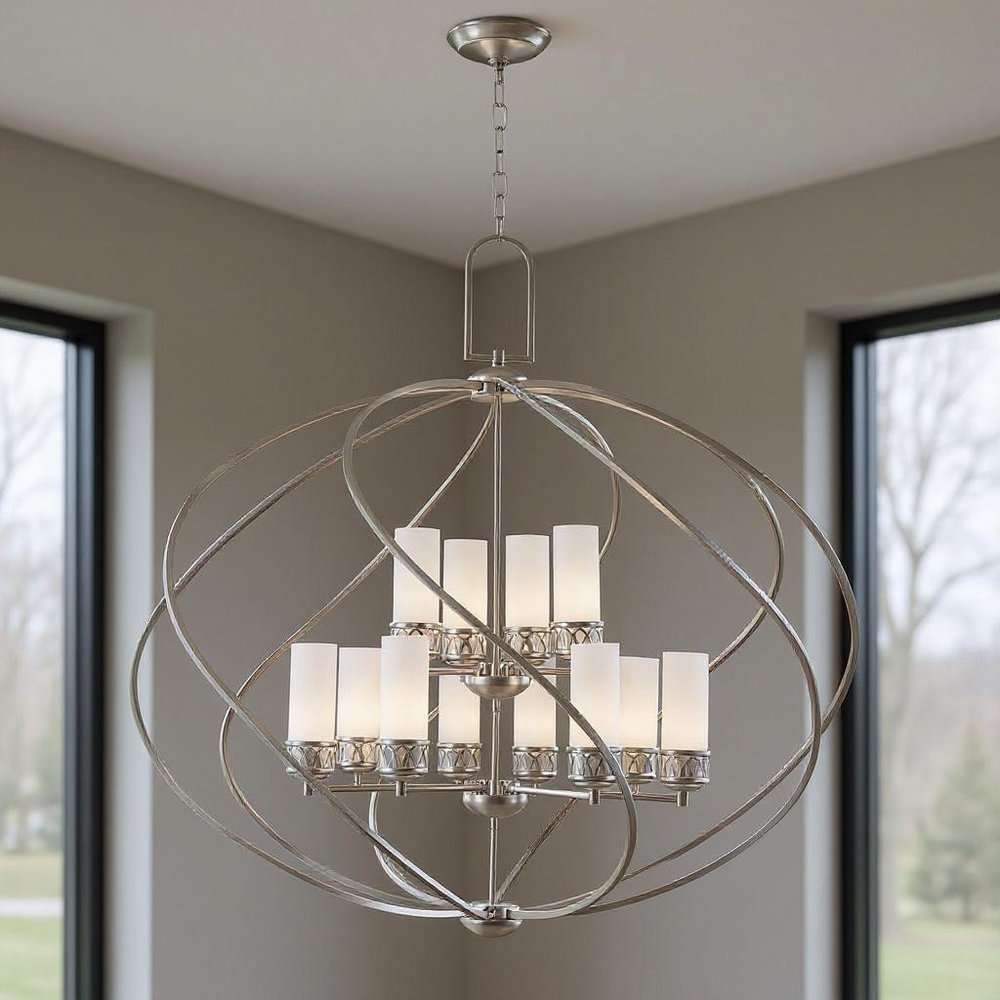 Nickel Twelve Light Metal Dimmable Chandelier With Shades HomeRoots