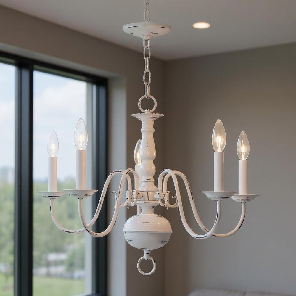 Antiqued White Five Light Metal Dimmable Chandelier With Shades HomeRoots