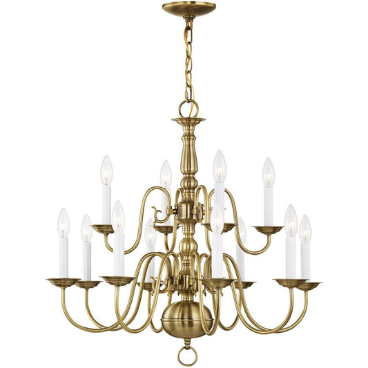 Antiqued Brass Twelve Light Metal Dimmable Chandelier With Shades HomeRoots