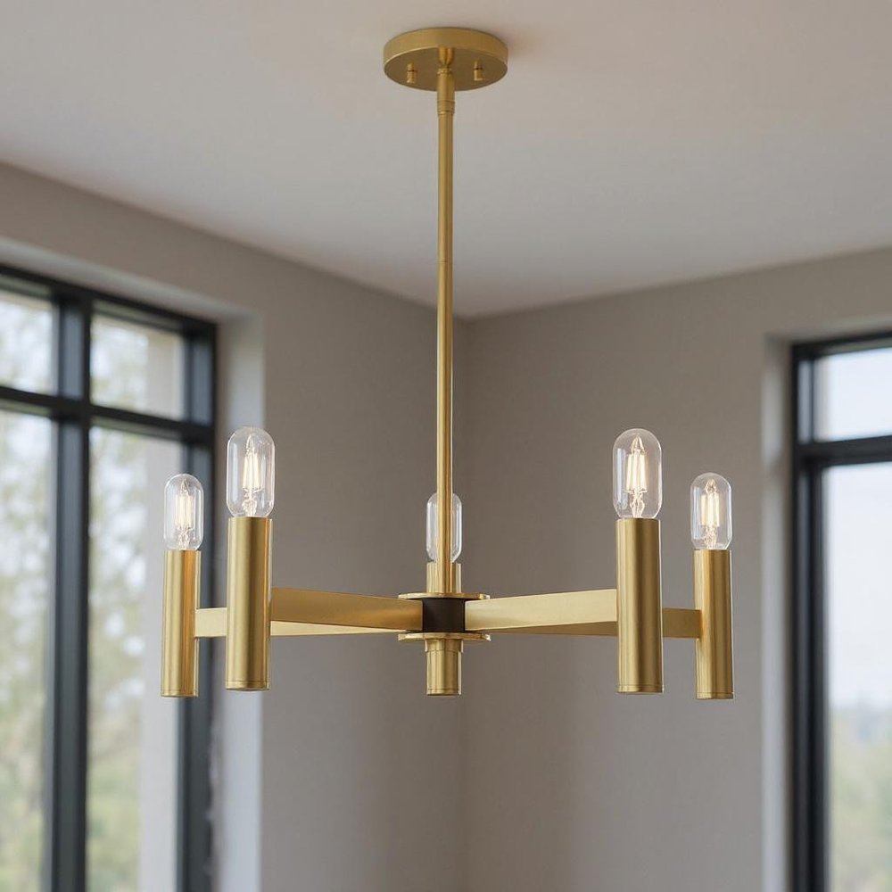 Brass Five Light Metal Dimmable Chandelier With Shades HomeRoots