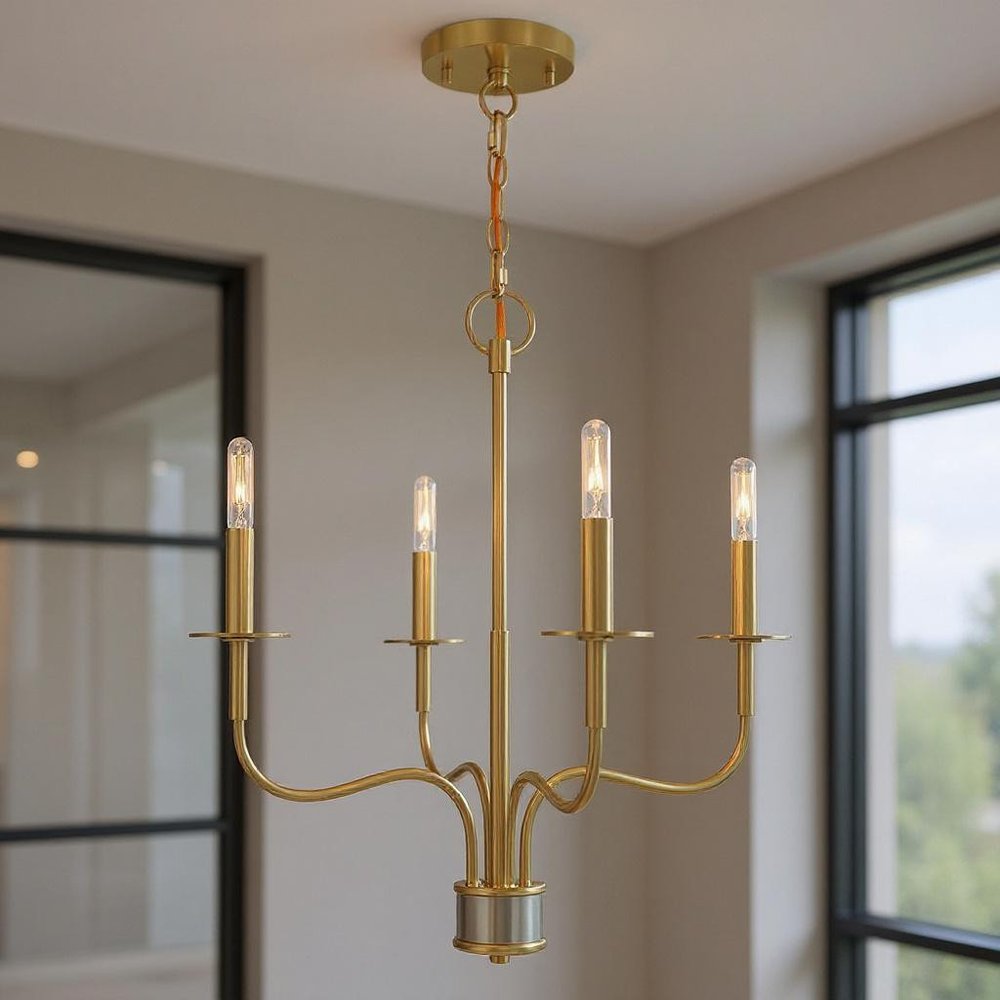Brass Four Light Metal Dimmable Chandelier With Shades