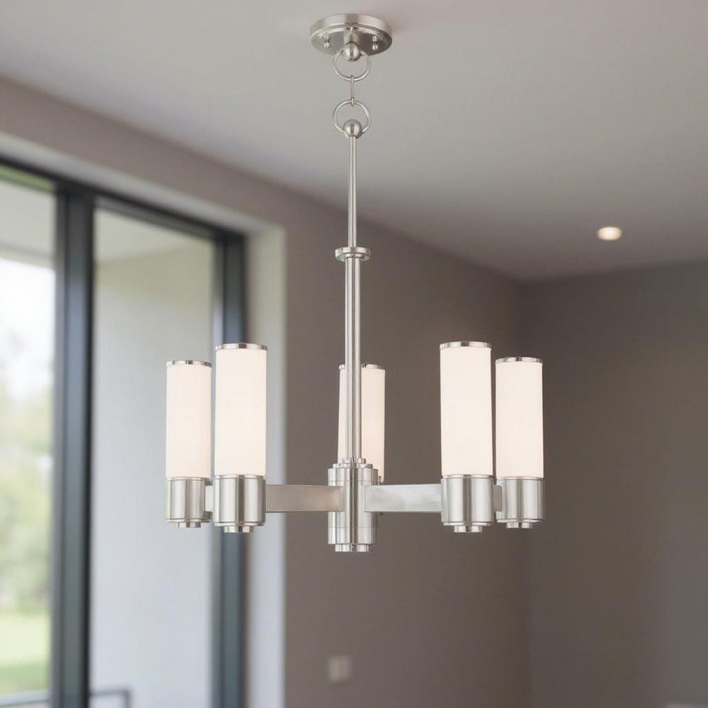 Nickel Five Light Metal Dimmable Chandelier With Shades HomeRoots