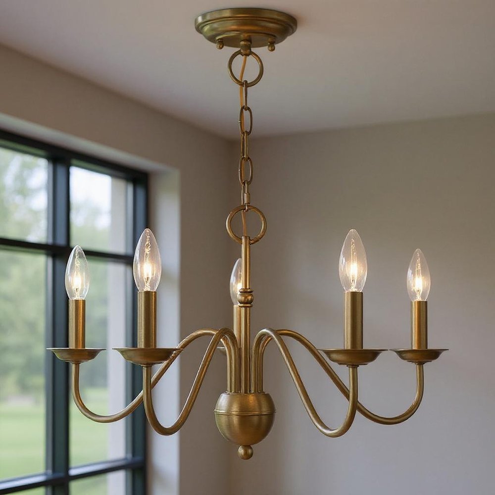 Antiqued Brass Five Light Metal Dimmable Chandelier With Shades HomeRoots