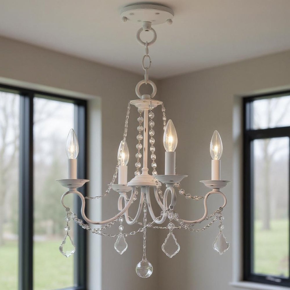 Antiqued White Four Light Metal Dimmable Chandelier With Shades HomeRoots