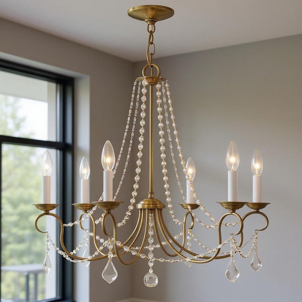 Antiqued Brass Six Light Metal Dimmable Chandelier With Shades HomeRoots