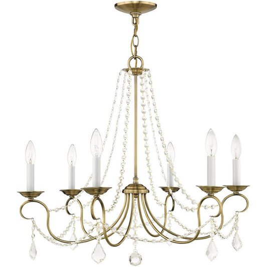 Antiqued Brass Six Light Metal Dimmable Chandelier With Shades HomeRoots