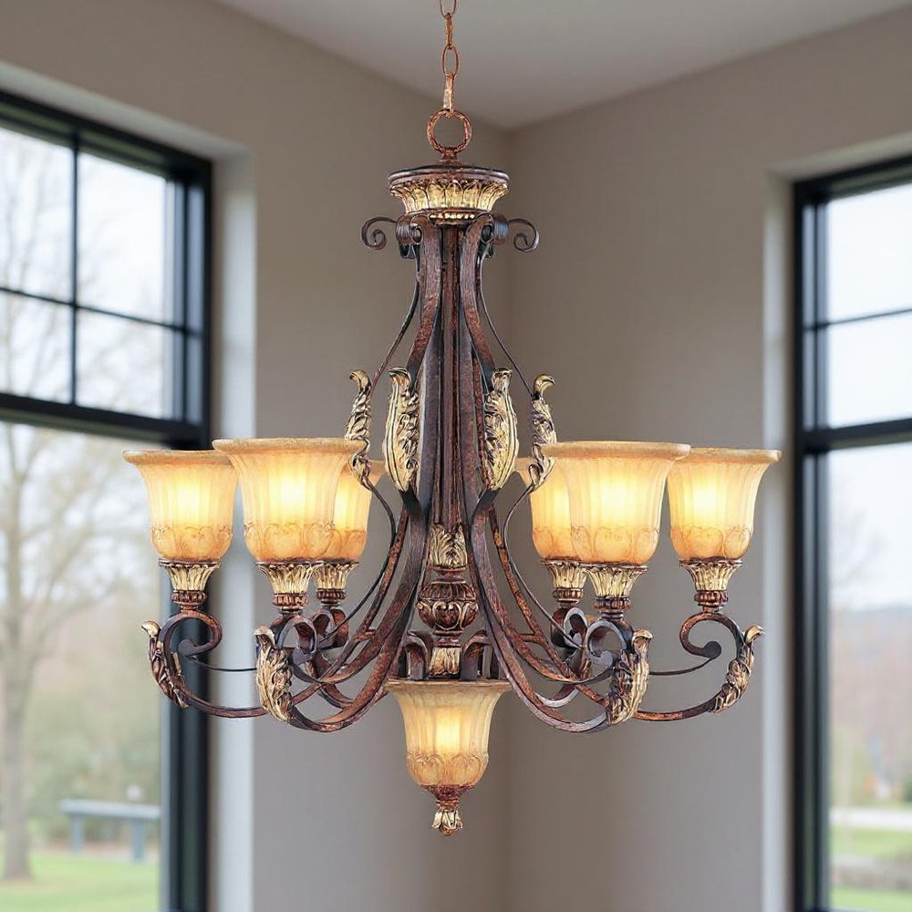 Bronze Seven Light Metal Dimmable Chandelier With Shades HomeRoots