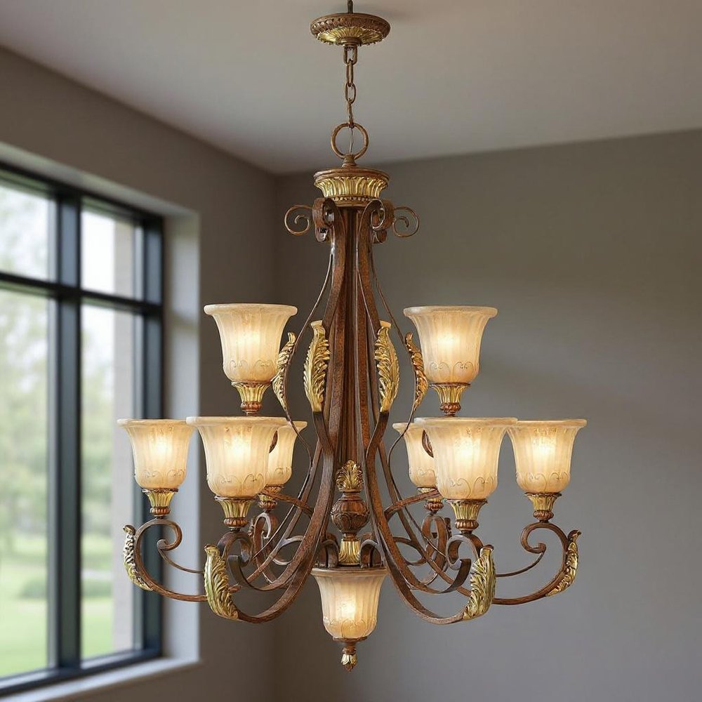 Bronze Ten Light Metal Dimmable Chandelier With Shades HomeRoots