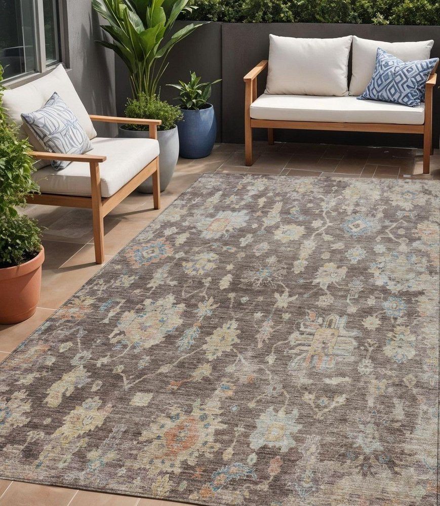 5' X 8' Chocolate Beige And Blue Floral Washable Indoor Outdoor Area Rug HomeRoots