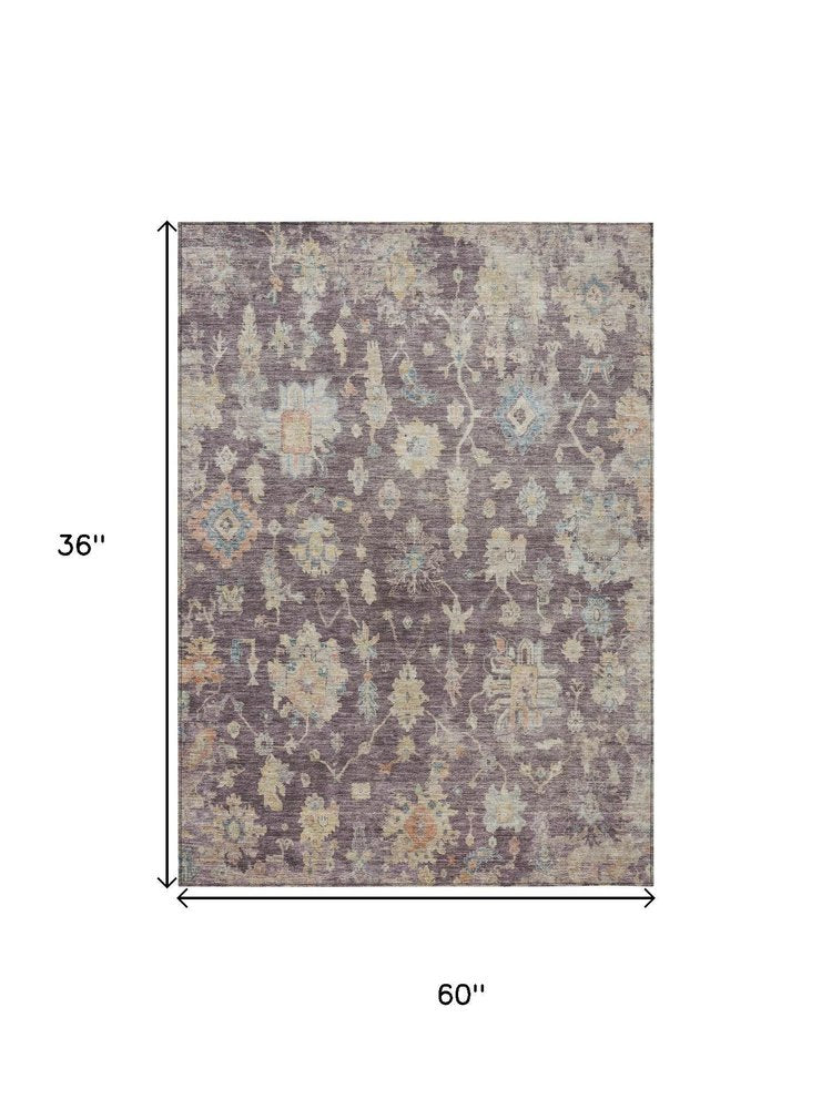 3' X 5' Eggplant Beige And Blue Floral Washable Indoor Outdoor Area Rug HomeRoots