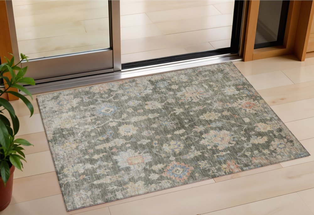3' X 5' Fern Green Beige And Blue Floral Washable Indoor Outdoor Area Rug HomeRoots