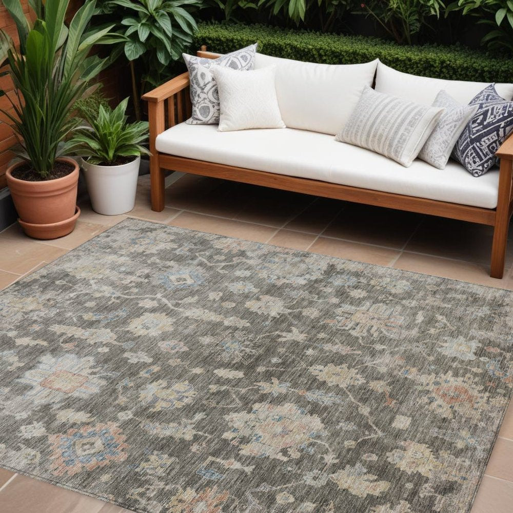 8' X 10' Gray Beige And Blue Floral Washable Indoor Outdoor Area Rug HomeRoots