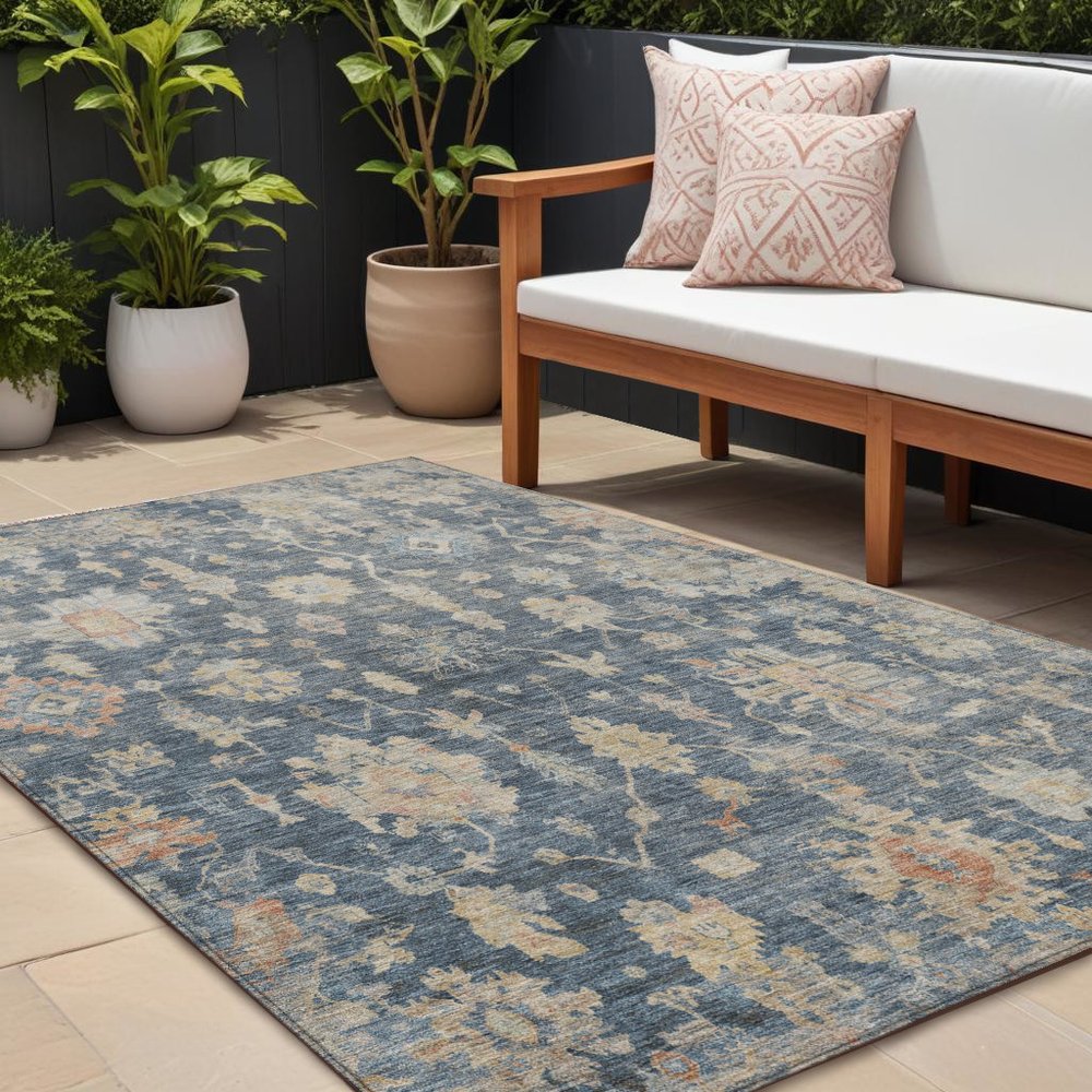 8' X 10' Navy Blue Beige And Rust Floral Washable Indoor Outdoor Area Rug HomeRoots