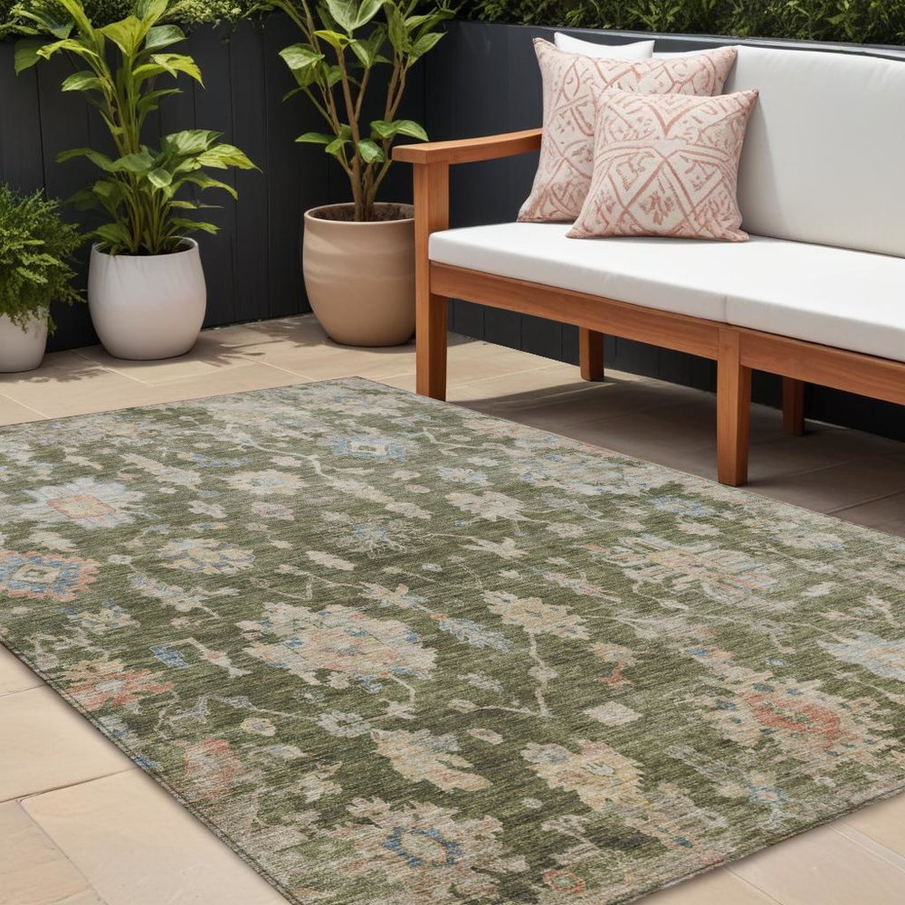 8' X 10' Olive Green Beige And Blue Floral Washable Indoor Outdoor Area Rug HomeRoots
