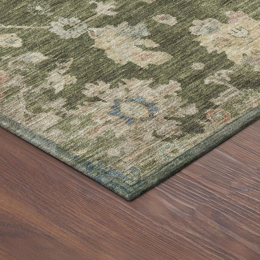 8' X 10' Olive Green Beige And Blue Floral Washable Indoor Outdoor Area Rug