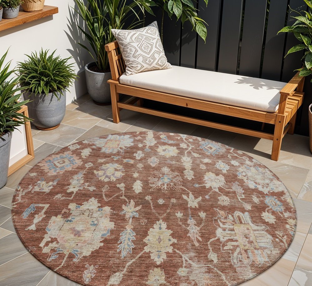 8' Rust Beige And Blue Round Floral Washable Indoor Outdoor Area Rug HomeRoots