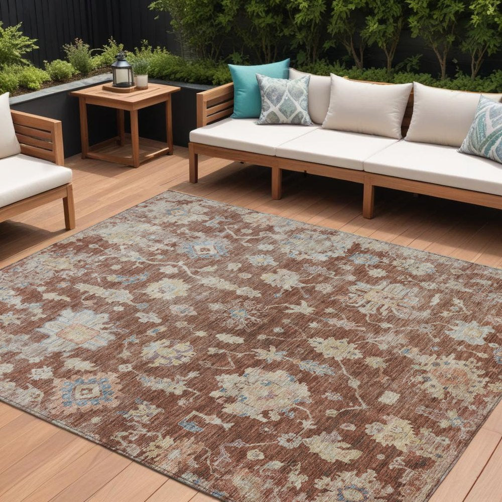 8' X 10' Rust Beige And Blue Floral Washable Indoor Outdoor Area Rug HomeRoots