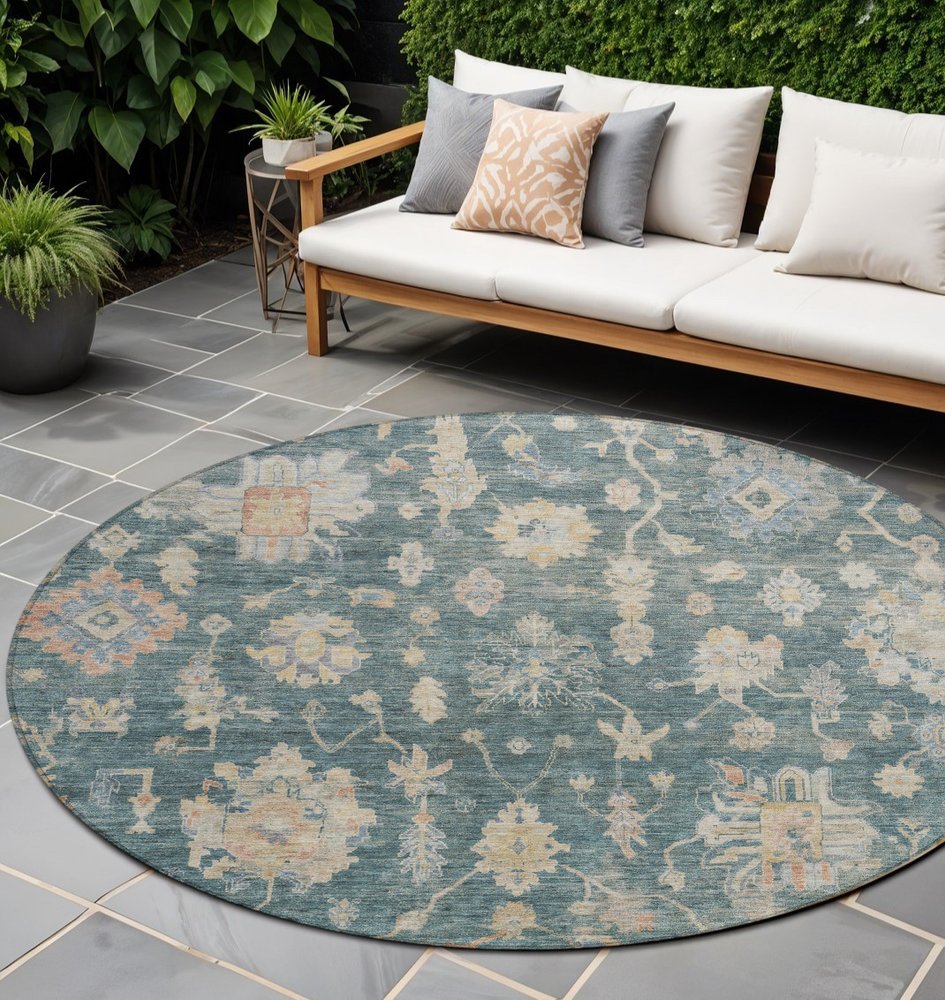8' Teal Blue Beige And Gold Round Floral Washable Indoor Outdoor Area Rug HomeRoots