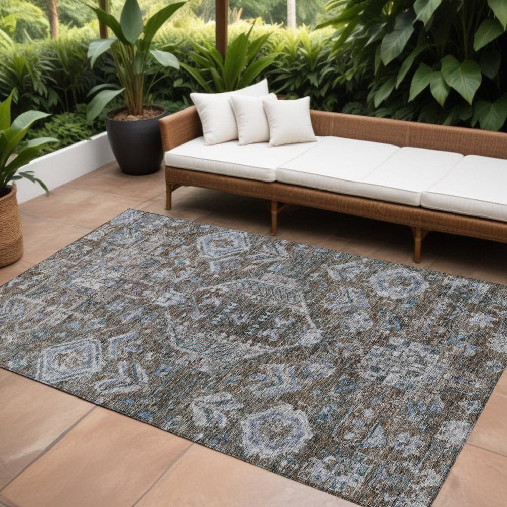 9' X 12' Chocolate And Denim Blue Medallion Washable Indoor Outdoor Area Rug HomeRoots
