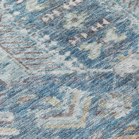 8' Denim Blue And Ivory Round Medallion Washable Indoor Outdoor Area Rug