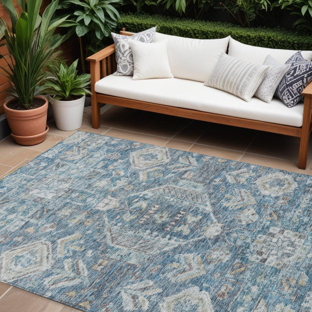 8' X 10' Denim Blue And Ivory Medallion Washable Indoor Outdoor Area Rug HomeRoots