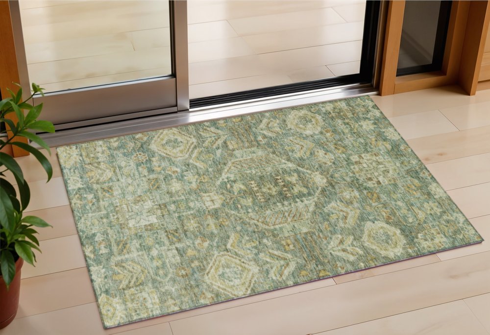 3' X 5' Fern Green And Gold Medallion Washable Indoor Outdoor Area Rug HomeRoots