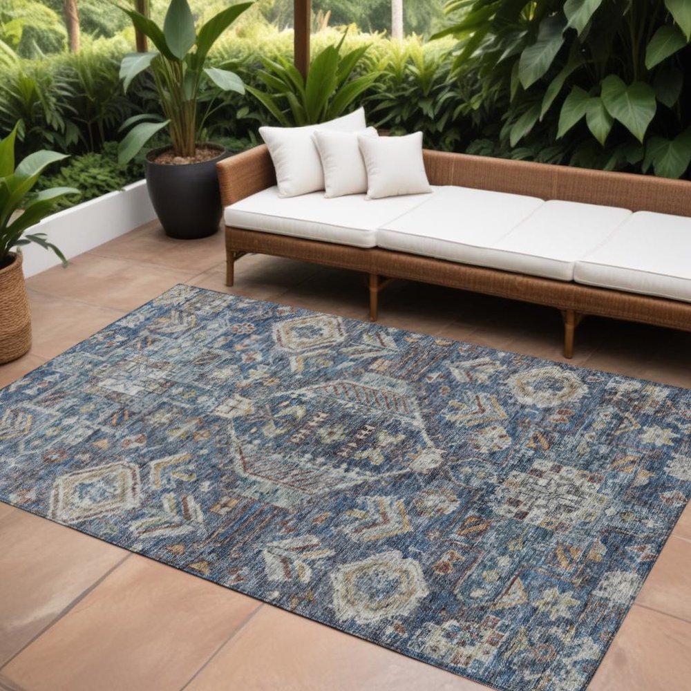 9' X 12' Navy Blue Ivory And Beige Medallion Washable Indoor Outdoor Area Rug HomeRoots