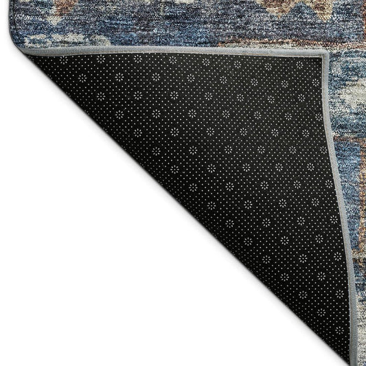 9' X 12' Navy Blue Ivory And Beige Medallion Washable Indoor Outdoor Area Rug