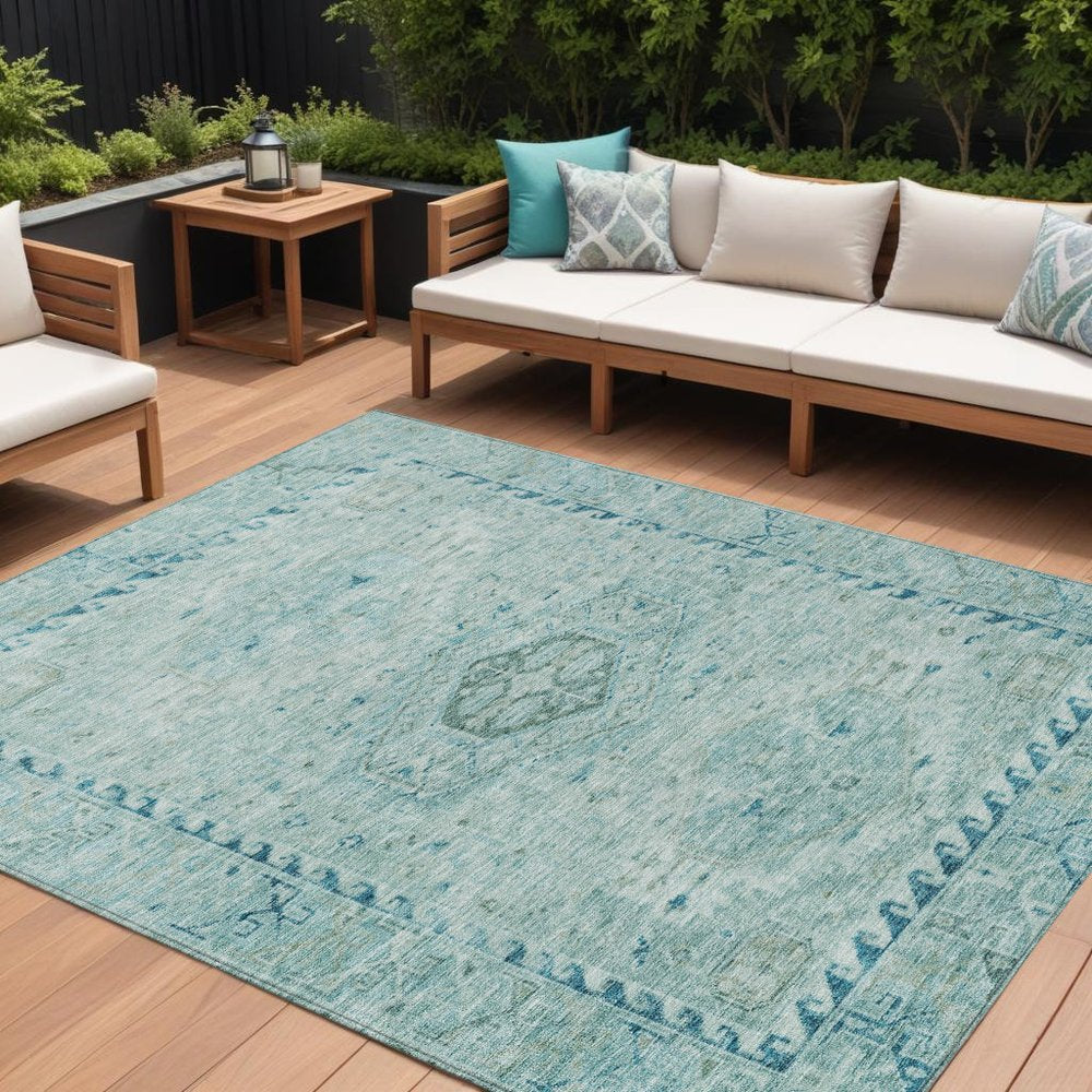 8' X 10' Aqua And Teal Blue Medallion Washable Indoor Outdoor Area Rug HomeRoots