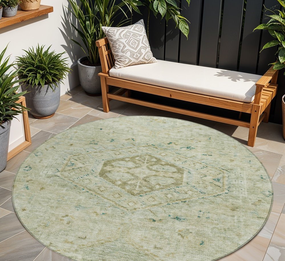 8' Sage And Gold Round Medallion Washable Indoor Outdoor Area Rug