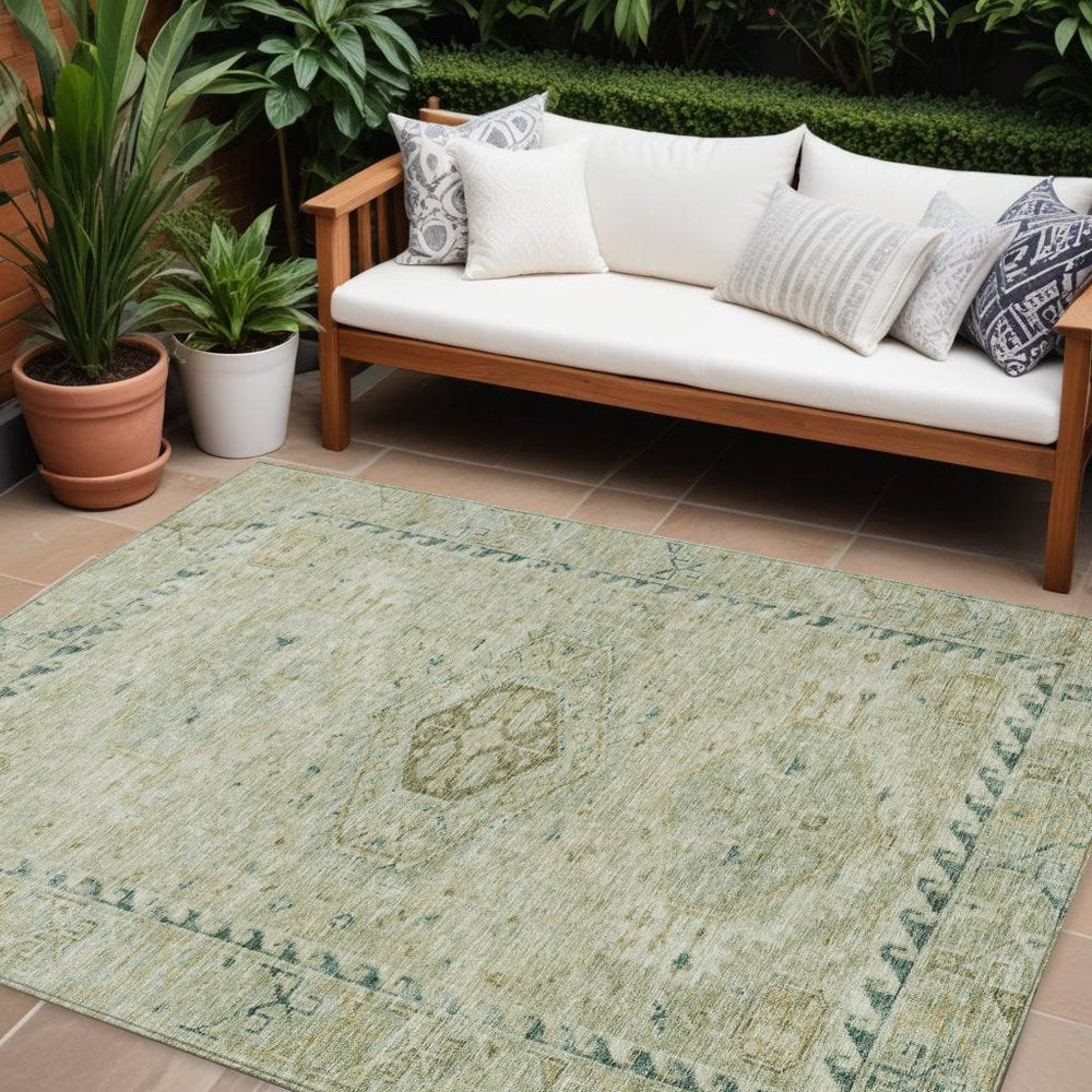 9' X 12' Sage And Gold Medallion Washable Indoor Outdoor Area Rug