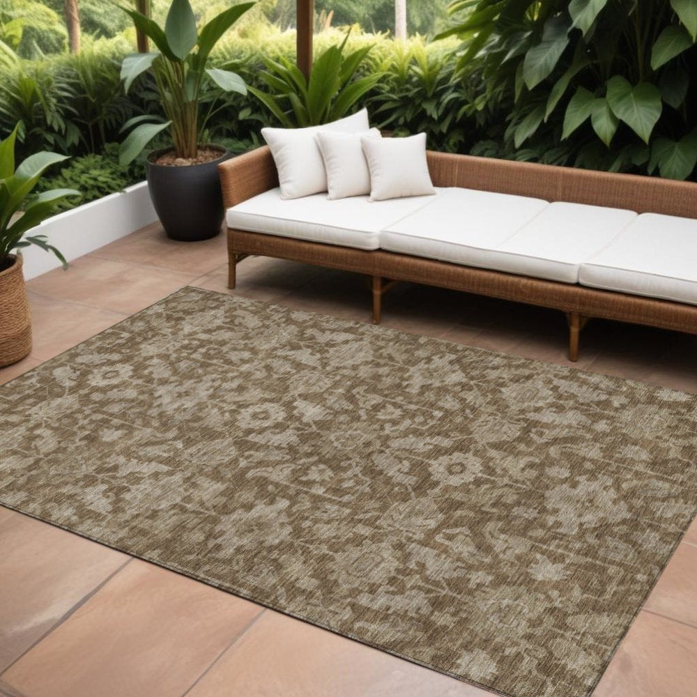 9' X 12' Brown And Beige Floral Washable Indoor Outdoor Area Rug HomeRoots