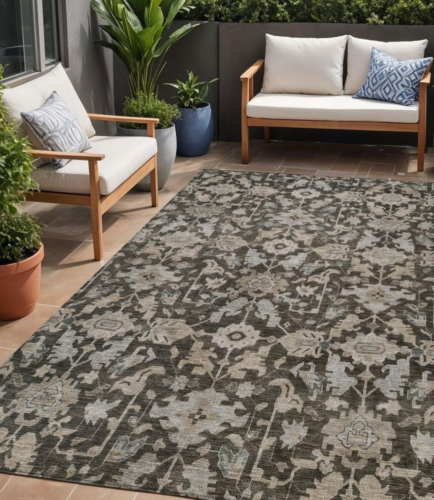 5' X 8' Chocolate And Gray Floral Washable Indoor Outdoor Area Rug HomeRoots