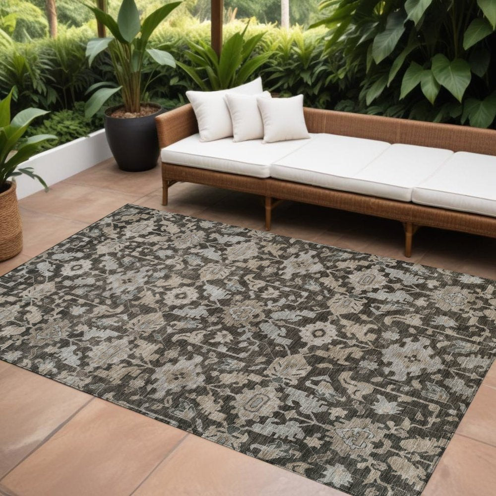 9' X 12' Chocolate And Gray Floral Washable Indoor Outdoor Area Rug HomeRoots