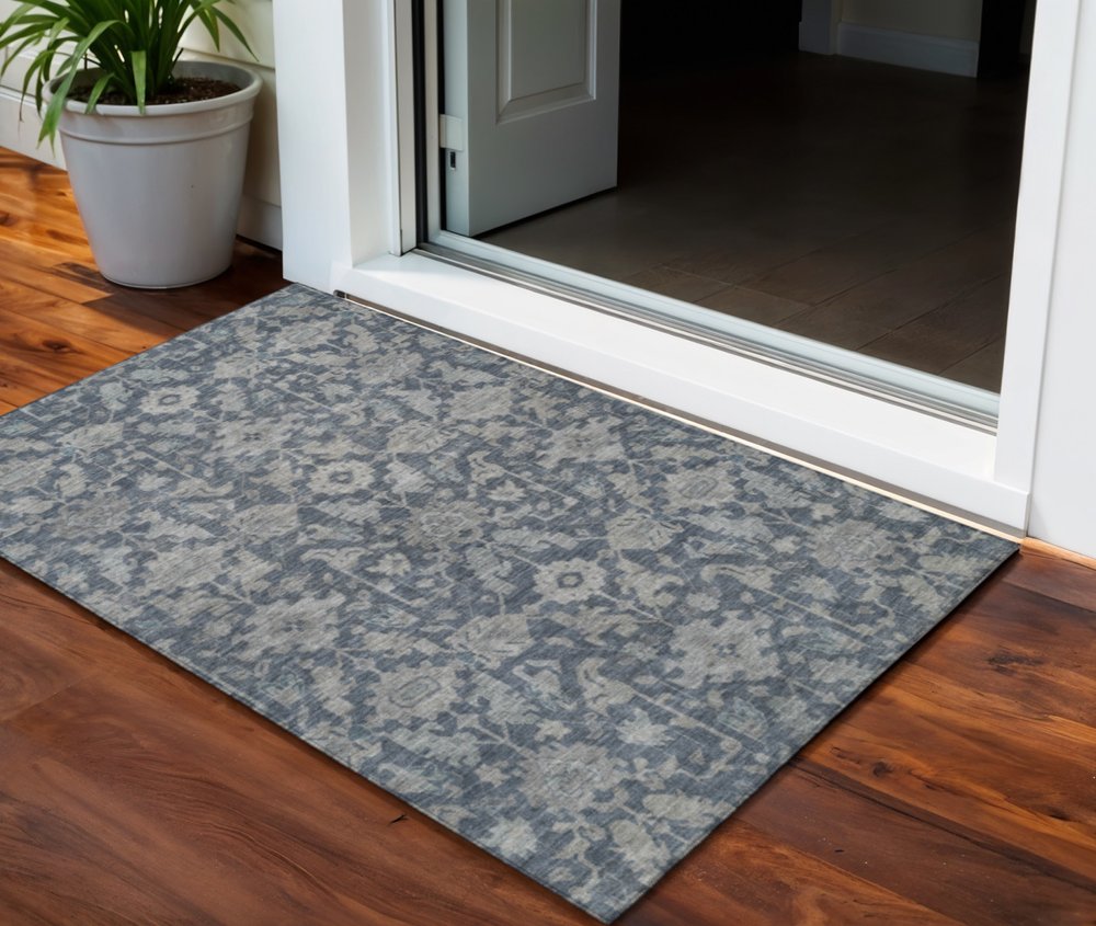 3' X 5' Denim Blue And Silver Floral Washable Indoor Outdoor Area Rug HomeRoots