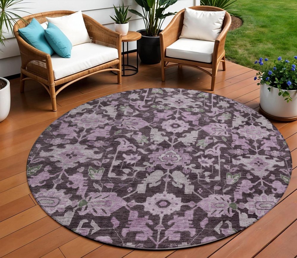 8' Eggplant And Gray Round Floral Washable Indoor Outdoor Area Rug