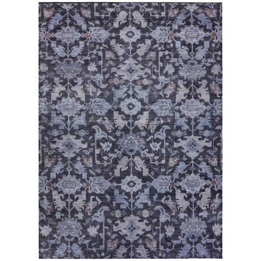 9' X 12' Navy Blue And Plum Floral Washable Indoor Outdoor Area Rug