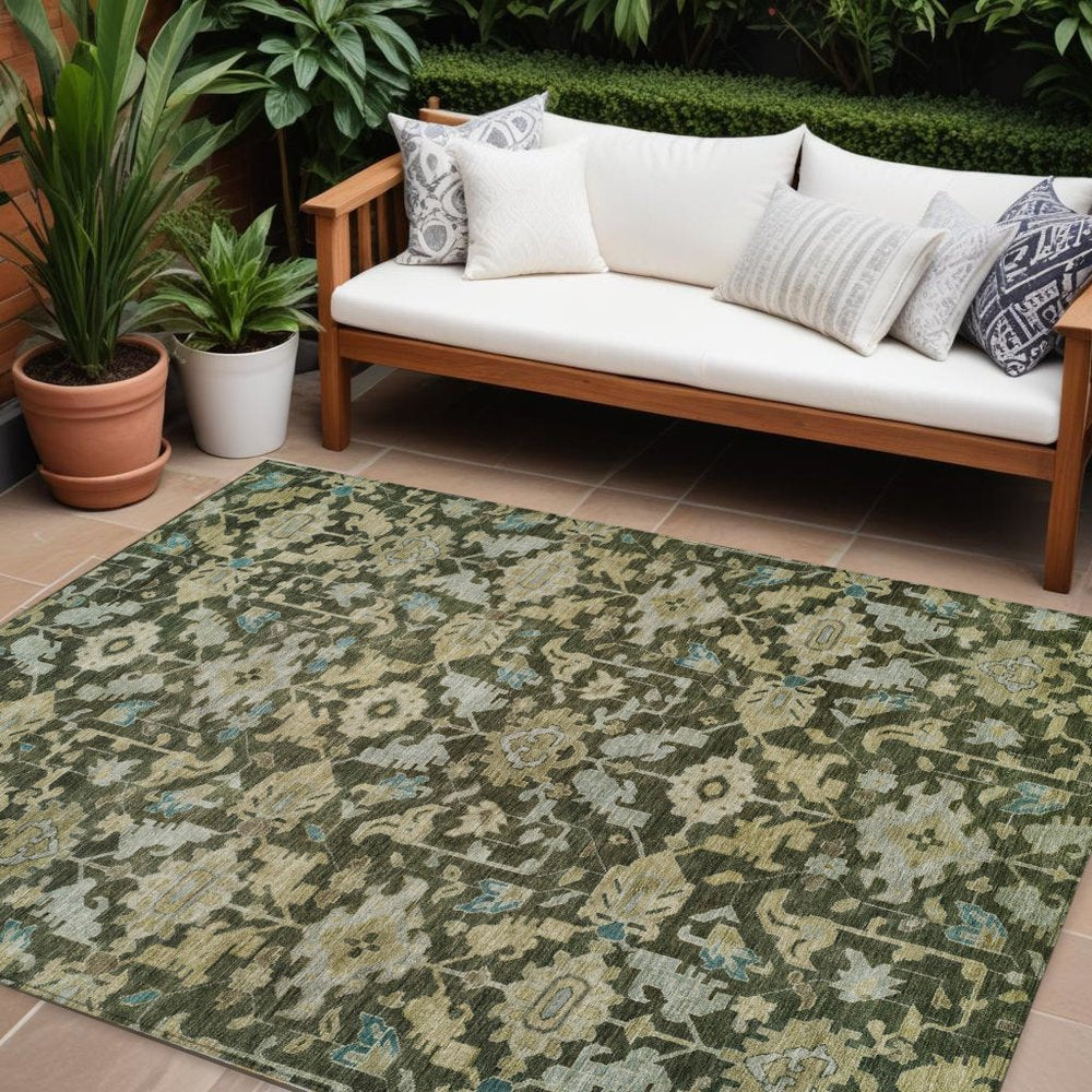 8' X 10' Olive Green Teal Blue And Gold Floral Washable Indoor Outdoor Area Rug HomeRoots