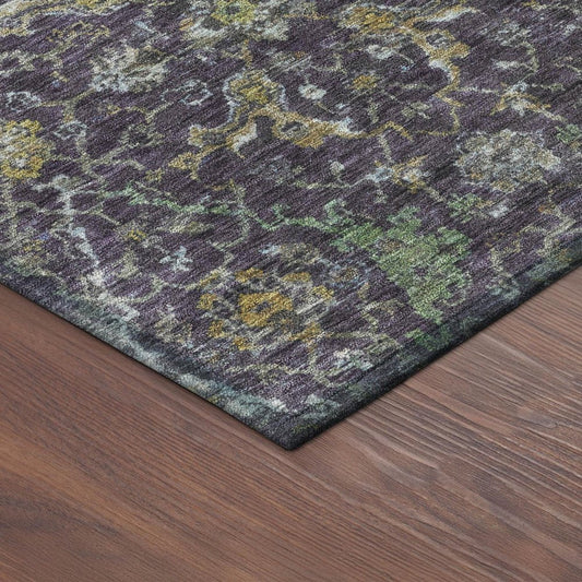 9' X 12' Plum And Gray Damask Washable Indoor Outdoor Area Rug