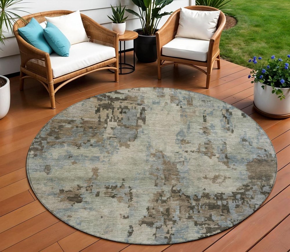 8' Beige Gray And Chocolate Round Abstract Washable Indoor Outdoor Area Rug HomeRoots