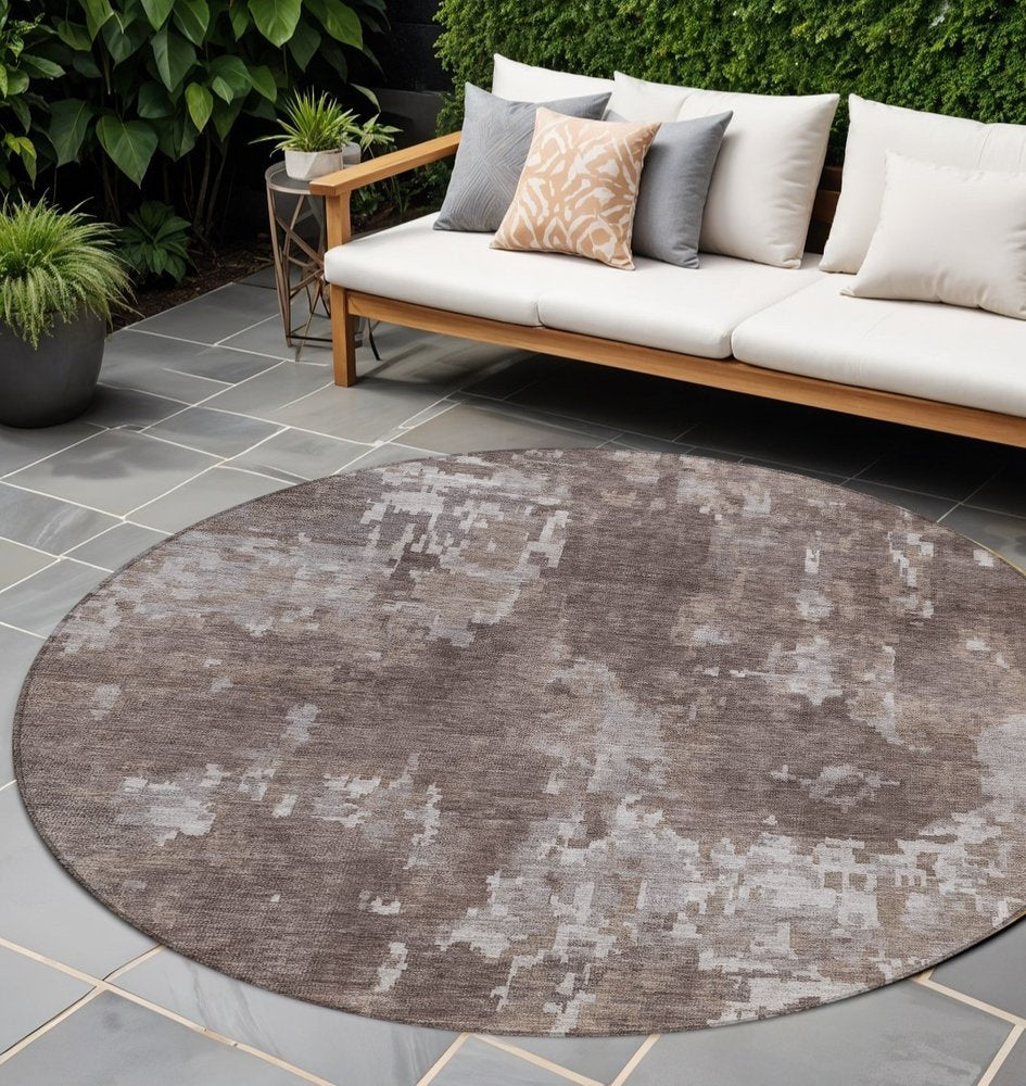 8' Brown And Ivory Round Abstract Washable Indoor Outdoor Area Rug HomeRoots