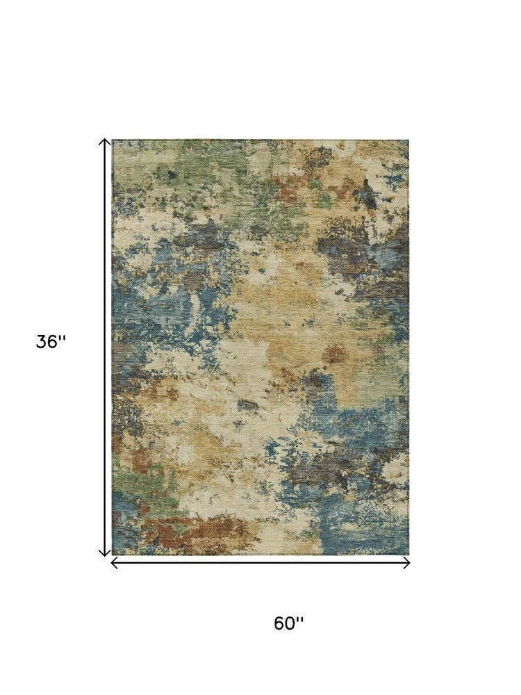3' X 5' Beige Blue And Gray Abstract Washable Indoor Outdoor Area Rug