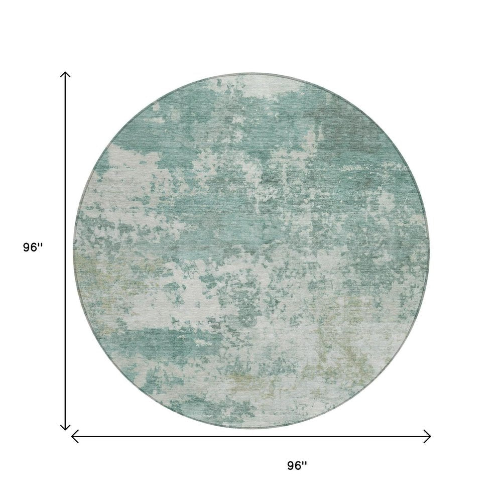 8' Aqua And Ivory Round Abstract Washable Indoor Outdoor Area Rug HomeRoots