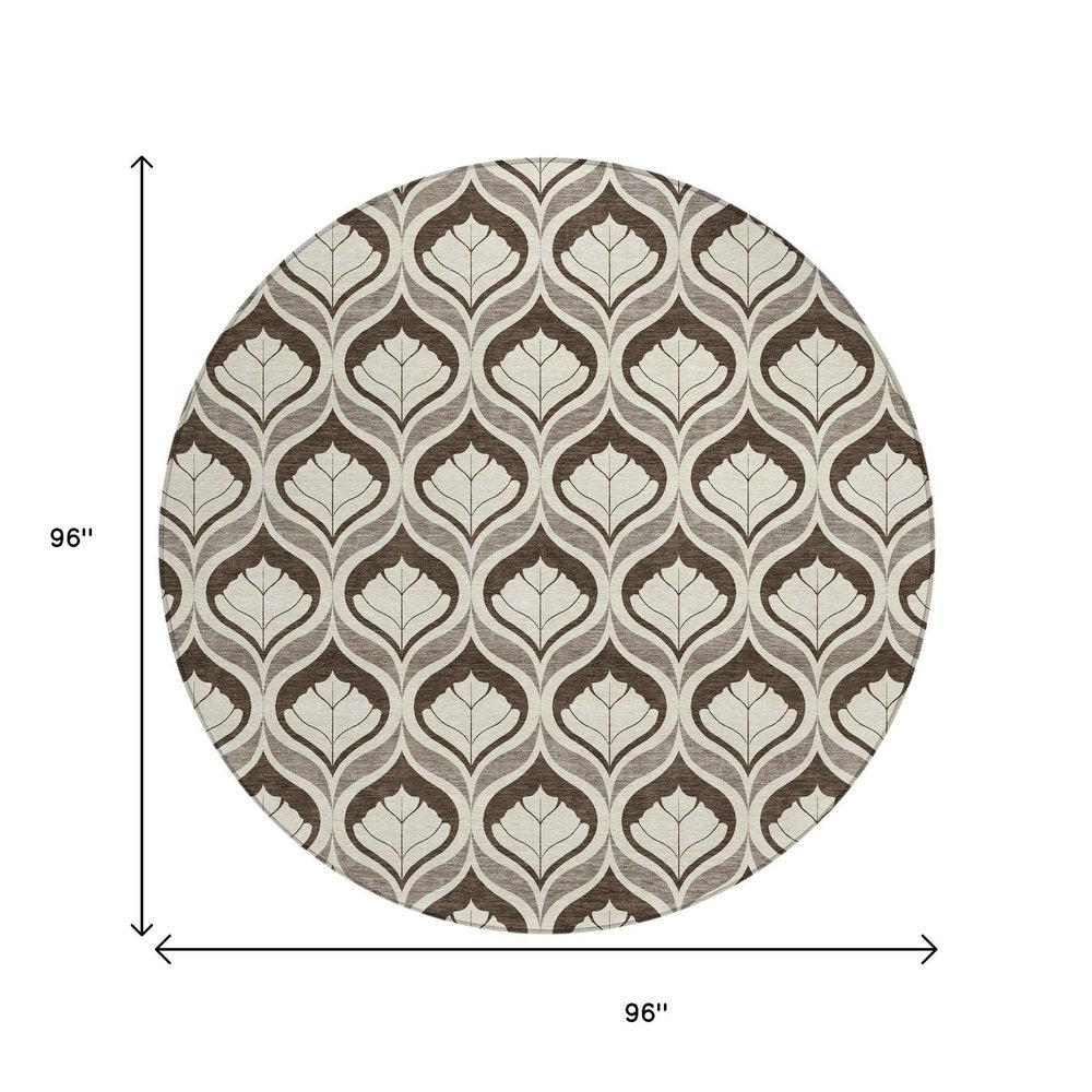 8' Brown And Beige Round Geometric Washable Indoor Outdoor Area Rug HomeRoots