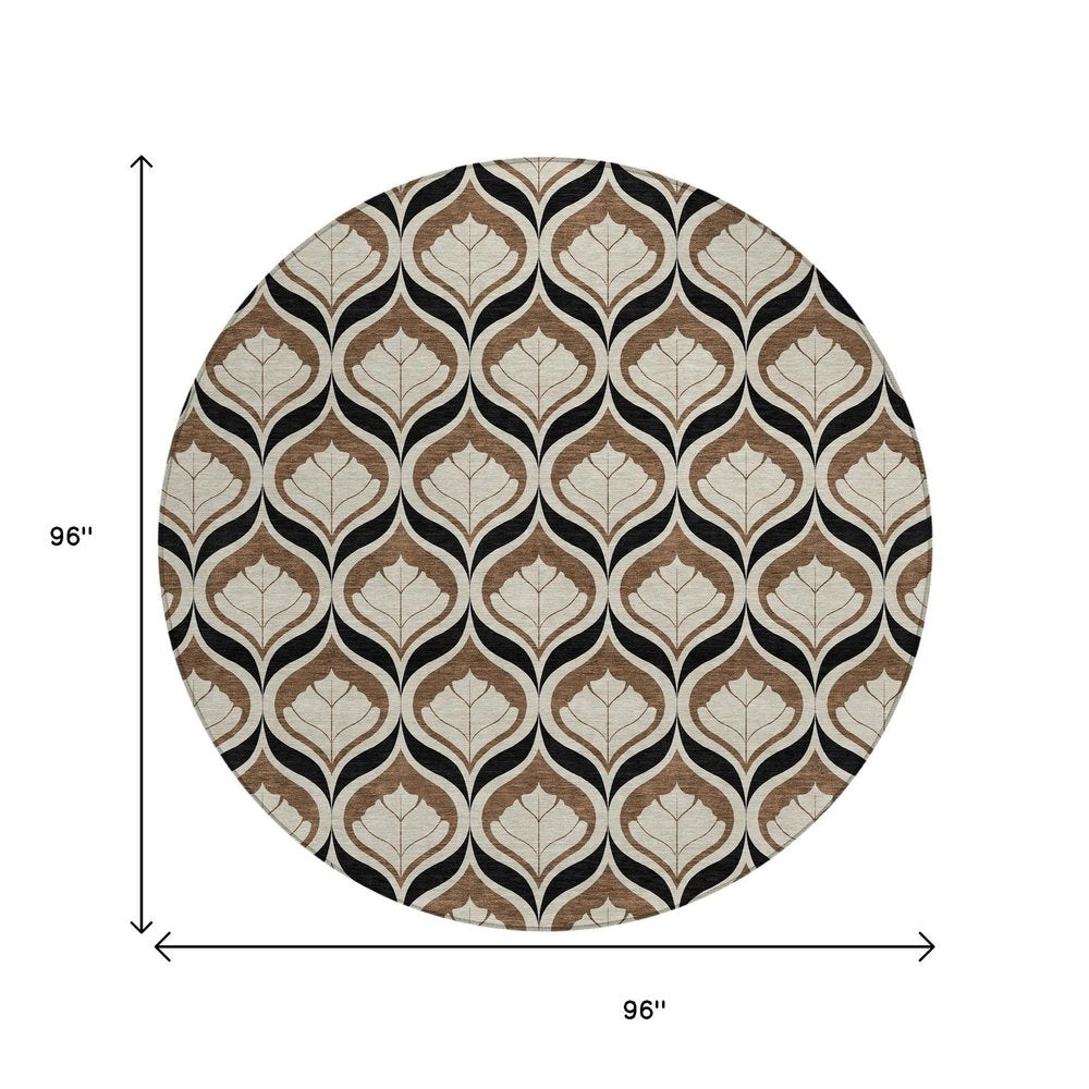 8' Chocolate Beige And Brown Round Geometric Washable Indoor Outdoor Area Rug