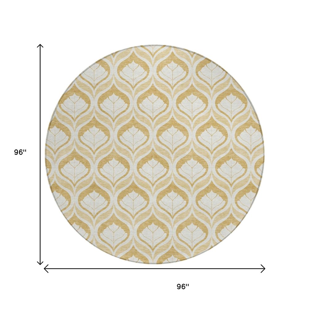 8' Gold And Ivory Round Geometric Washable Indoor Outdoor Area Rug HomeRoots